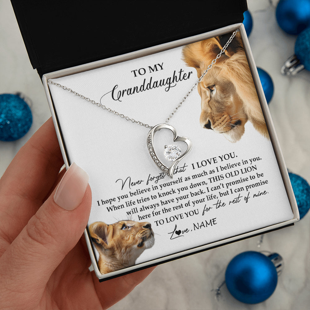 Forever Love Necklace 14K White Gold Finish | 2 | Personalized To My Granddaughter Necklace from Grandpa Papa Never Forget I Love You Lion Jewelry Granddaughter Birthday Christmas Customized Message Card | teecentury