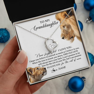 Forever Love Necklace 14K White Gold Finish | 2 | Personalized To My Granddaughter Necklace from Grandpa Papa Never Forget I Love You Lion Jewelry Granddaughter Birthday Christmas Customized Message Card | teecentury