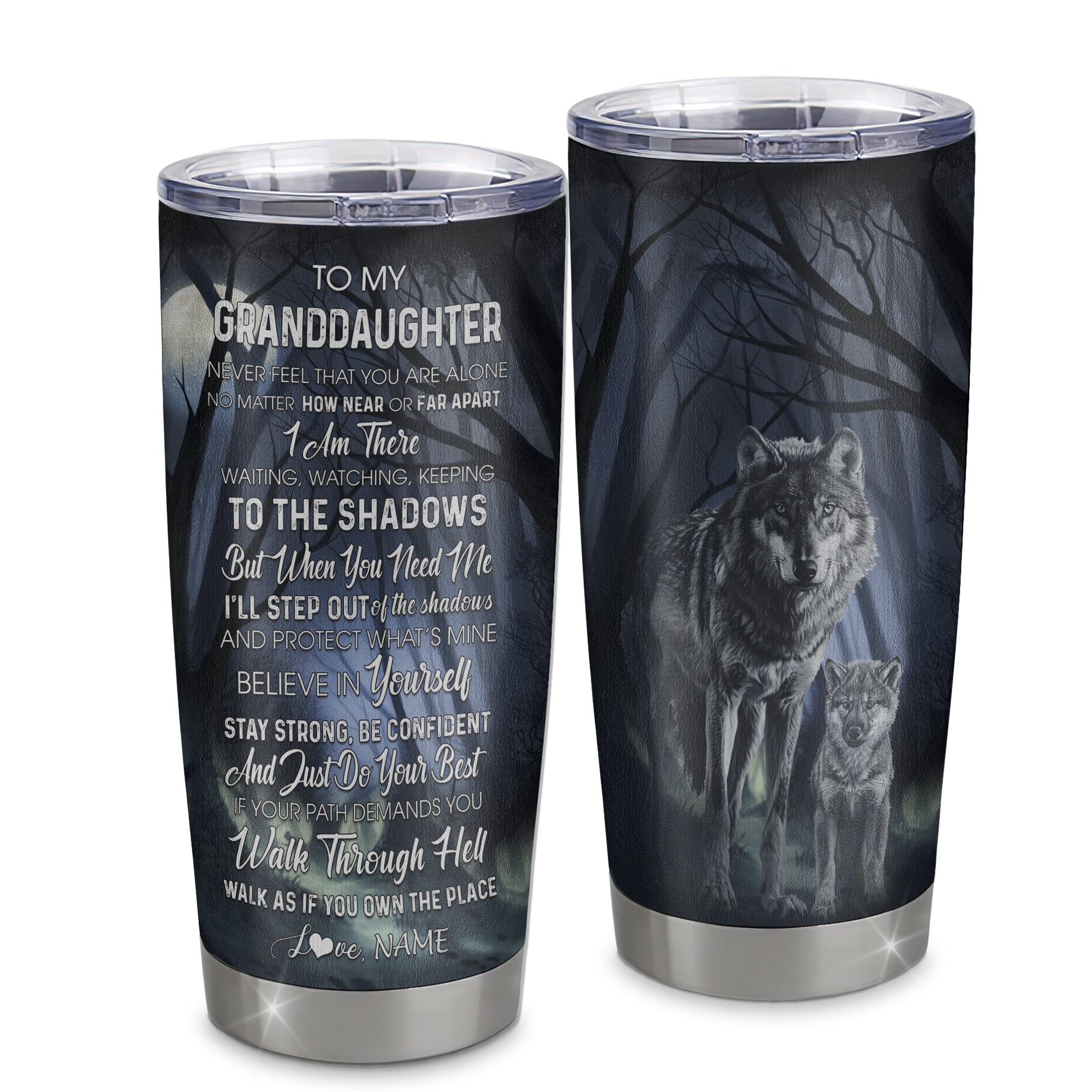 Personalized To My Granddaughter Tumbler From Grandma Grandpa Stainless Steel Cup Never Feel You Are Alone Wolf Granddaughter Birthday Christmas Travel Mug | teecentury