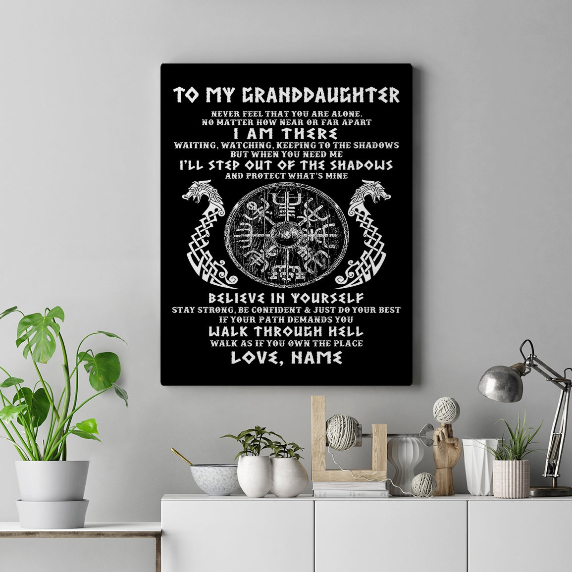 Personalized To My Granddaughter Viking Canvas Never Feel You Are Alone Odin Scandinavian Norse Runes Birthday Gifts Christmas Custom Wall Art Print Framed Canvas | teecentury