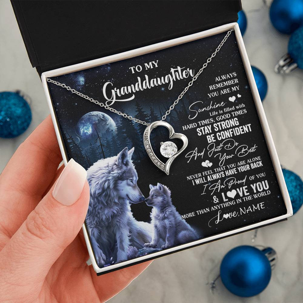 Forever Love Necklace 14K White Gold Finish | 2 | Personalized To My Granddaughter Wolf Necklace From Grandma Grandpa Always Remember Granddaughter Birthday Christmas Customized Gift Box Message Card | teecentury