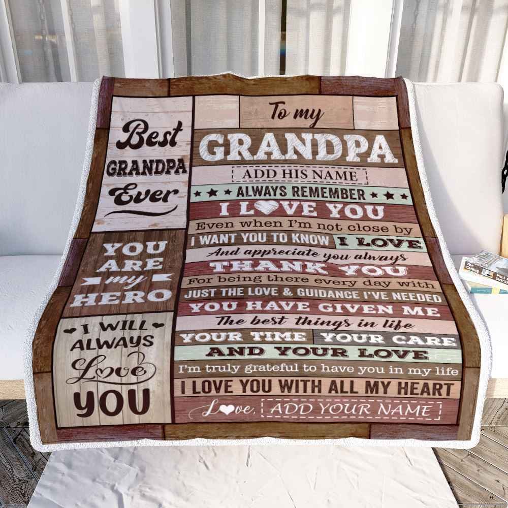 Personalized To My Grandpa Blanket Fathers Day Grandpa Gifts From Grandkids Wood Always Remember I Love You Birthday Gifts Christmas Customized Fleece Blanket | teecentury