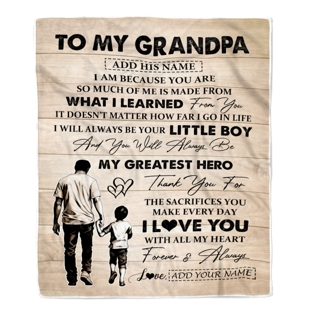 Personalized To My Grandpa Gifts Blanket From Grandson Thank You My Hero Grandpa Birthday Gift Fathers Day Thanksgiving Christmas Custom Fleece Throw Blanket | teecentury