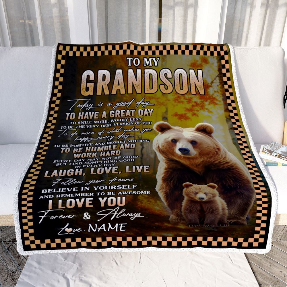 Personalized To My Grandson Bear Blanket From Grandma Grandpa Every Day Laugh Love Live Grandson Birthday Gifts Christmas Customized Fleece Throw Blanket Teecentury