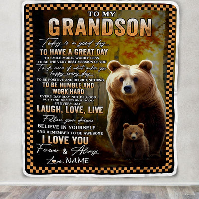 Personalized To My Grandson Bear Blanket From Grandma Grandpa Every Day Laugh Love Live Grandson Birthday Gifts Christmas Customized Fleece Throw Blanket | teecentury