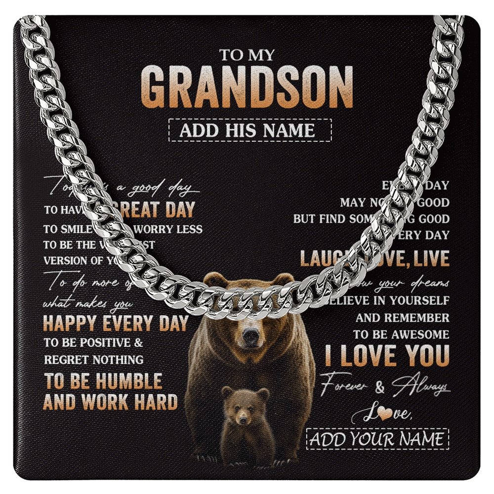 Cuban Link Chain Necklace Stainless Steel | 1 | Personalized To My Grandson Bear Necklace From Grandma Grandpa Every Day Laugh Love Live Grandson Birthday Gifts Christmas Custom Gift Box Message Card | https://teecentury.