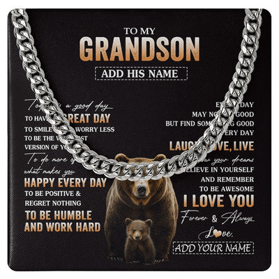 Cuban Link Chain Necklace Stainless Steel | 1 | Personalized To My Grandson Bear Necklace From Grandma Grandpa Every Day Laugh Love Live Grandson Birthday Gifts Christmas Custom Gift Box Message Card | https://teecentury.