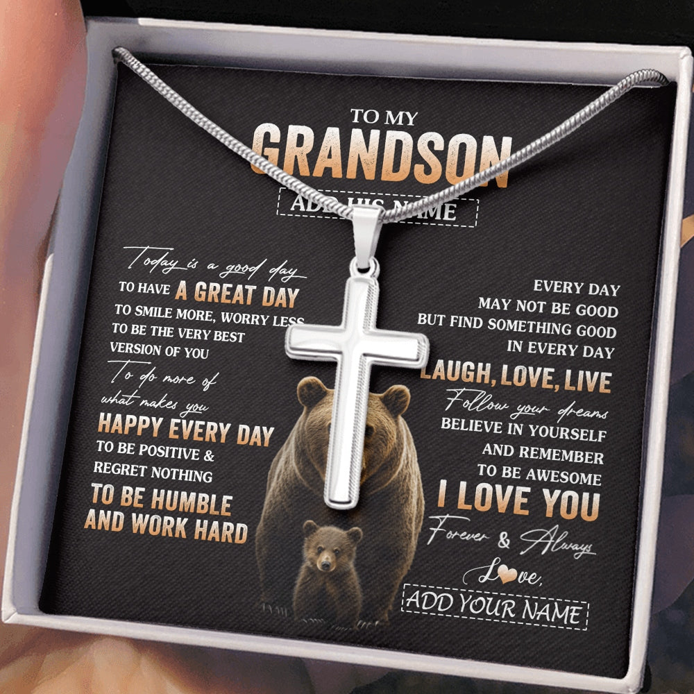 Stainless Cross Necklace Stainless Steel | 2 | Personalized To My Grandson Bear Necklace From Grandma Grandpa Every Day Laugh Love Live Grandson Birthday Gifts Christmas Custom Gift Box Message Card | https://teecentury.