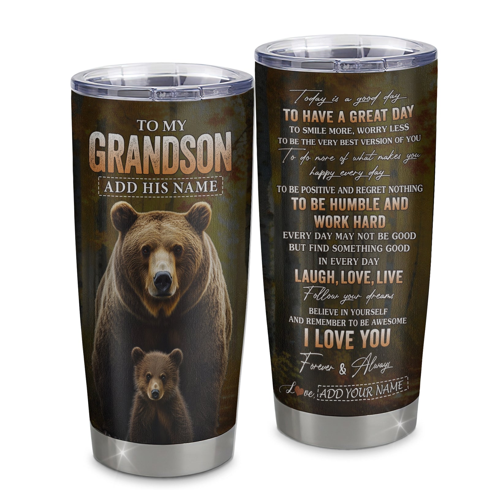 Personalized To My Grandson Bear Tumbler From Grandma Grandpa Every Day Laugh Love Live Grandson Birthday Gifts Christmas Custom Stainless Steel Travel Mug | teecentury