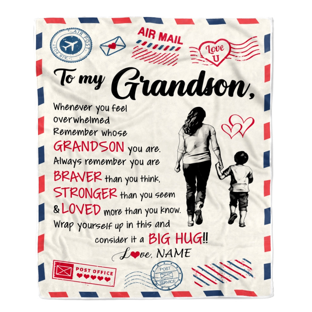 Personalized To My Grandson Blanket From Grandma Gigi Braver Stronger Loved Airmail Grandson Birthday Graduation Christmas Customized Fleece Throw Blanket | teecentury