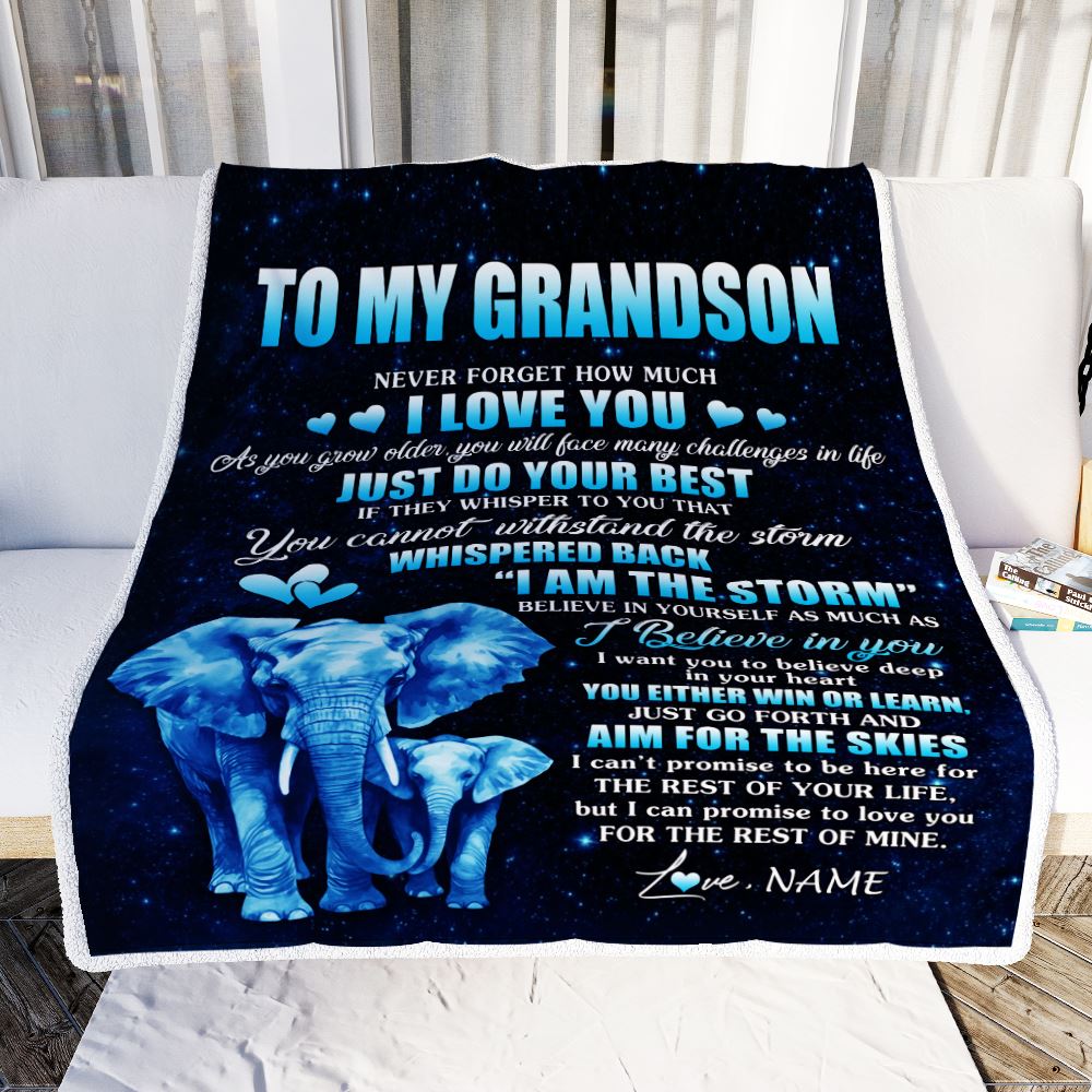 Personalized To My Grandson Blanket From Grandma Grandpa Elephant Never Forget I Love You Grandson Birthday Gifts Christmas Customized Fleece Blanket Teecentury