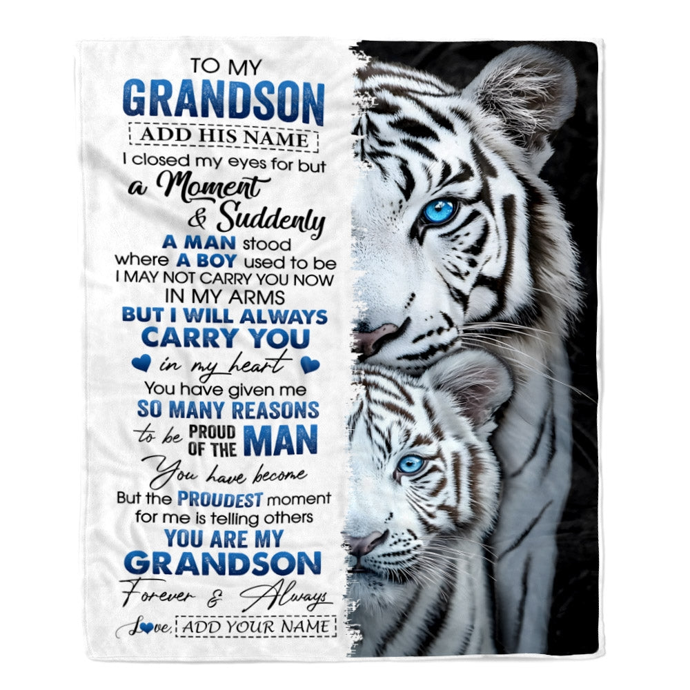 Personalized To My Grandson Blanket From Grandma Grandpa I Close My Eyes White Tiger Grandson Birthday Gifts Graduation Christmas Custom Fleece Throw Blanket | teecentury