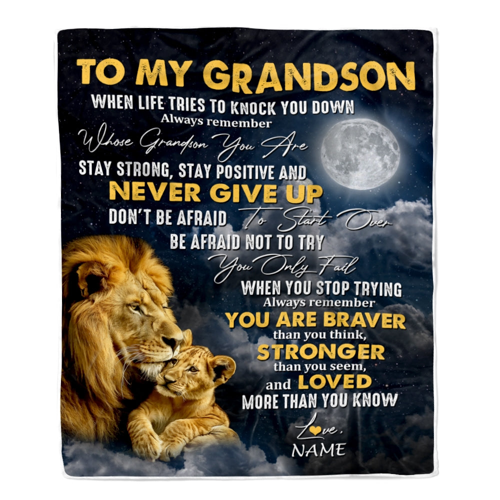 Personalized To My Grandson Blanket From Grandma Grandpa Lion Never Give Up Grandson Birthday Christmas Customized Fleece Throw Blanket | teecentury
