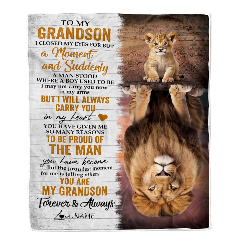 Personalized To My Grandson Blanket From Grandma Grandpa Lion Proud Of The Man You Have Become Grandson Birthday Christmas Customized Fleece Throw Blanket | teecentury