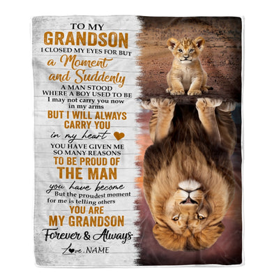 Personalized To My Grandson Blanket From Grandma Grandpa Lion Proud Of The Man You Have Become Grandson Birthday Christmas Customized Fleece Throw Blanket | teecentury