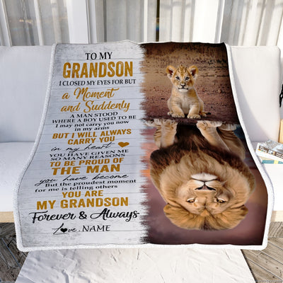 Personalized To My Grandson Blanket From Grandma Grandpa Lion Proud Of The Man You Have Become Grandson Birthday Christmas Customized Fleece Throw Blanket | teecentury