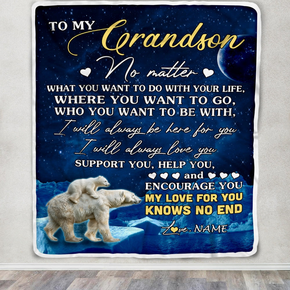 Personalized To My Grandson Blanket From Grandma Grandpa Polar Bear I Will Always Love You Grandson Birthday Graduation Christmas Customized Bed Fleece Blanket | teecentury