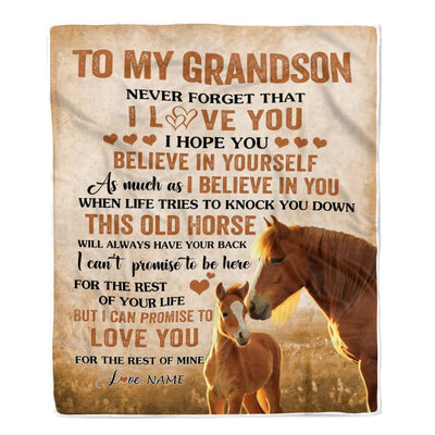 Personalized To My Grandson Blanket From Grandma Grandpa This Old Horse Love Grandson Birthday Gifts Graduation Christmas Customized Fleece Throw Blanket | teecentury