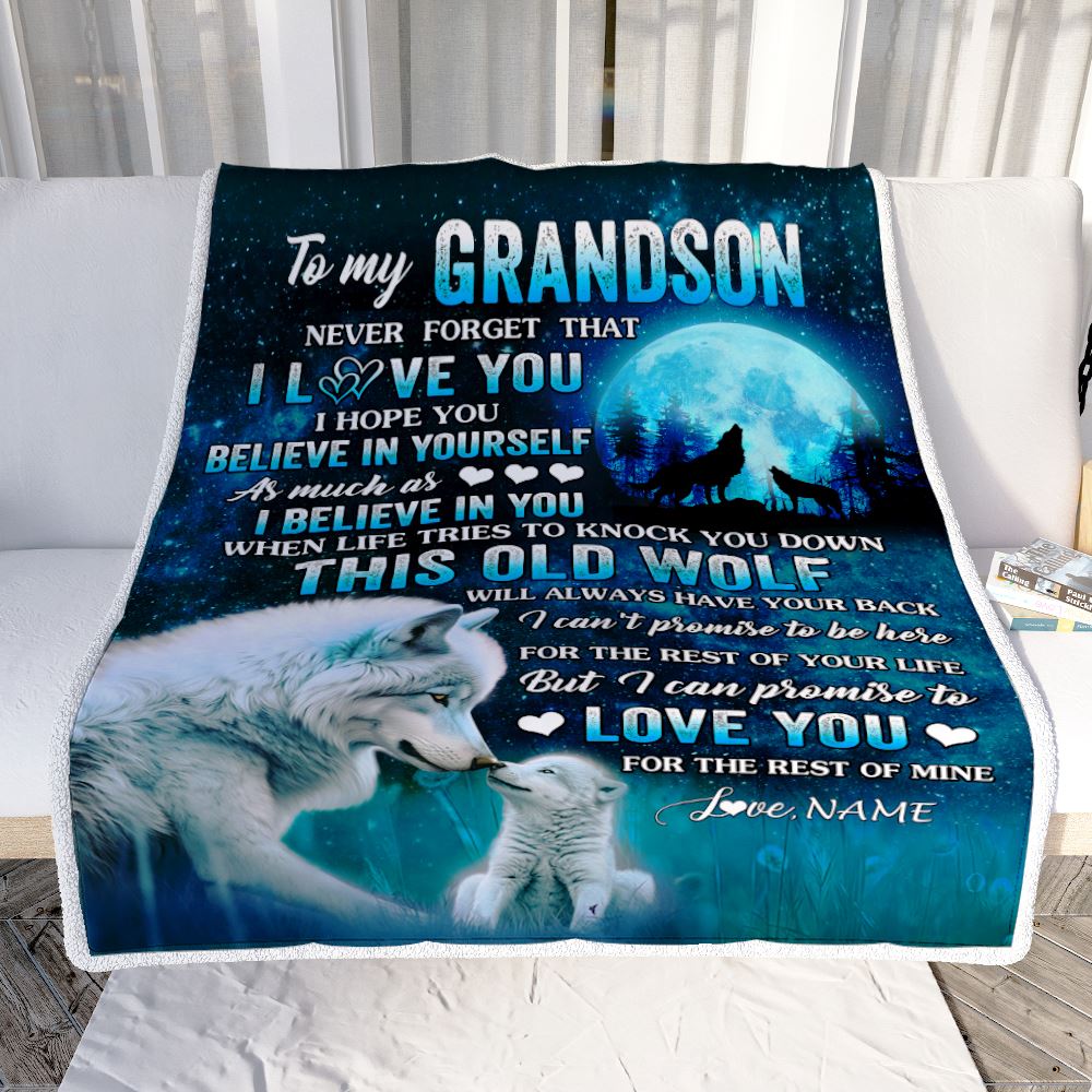 Personalized To My Grandson Blanket From Grandma Grandpa This Old Wolf Love Grandson Birthday Gifts Graduation Christmas Customized Bed Fleece Throw Blanket | teecentury