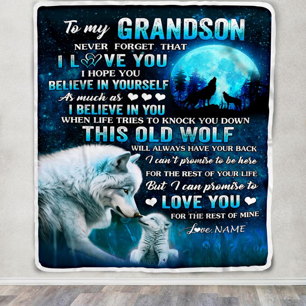 Personalized To My Grandson Blanket From Grandma Grandpa This Old Wolf Love Grandson Birthday Gifts Graduation Christmas Customized Bed Fleece Throw Blanket | teecentury