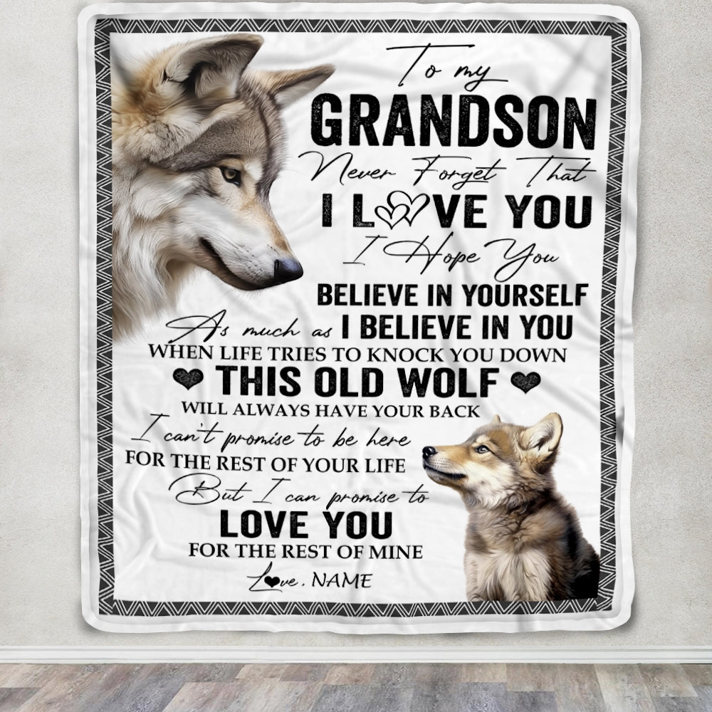 Personalized To My Grandson Blanket From Grandma Grandpa This Old Wolf Love You Grandson Birthday Graduation Christmas Customized Fleece Blanket Blanket | Teecentury.com