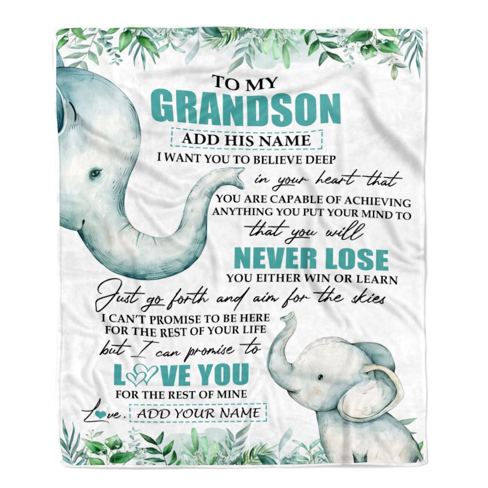Personalized To My Grandson Blanket From Grandma Grandpa You Will Never Lose Elephant Grandson Birthday Gifts Graduation Christmas Customized Fleece Blanket | teecentury