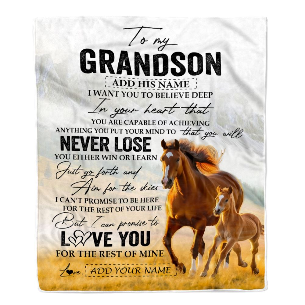 Personalized To My Grandson Blanket From Grandma Grandpa You Will Never Lose Horse Grandson Birthday Gifts Graduation Christmas Customized Fleece Throw Blanket | teecentury