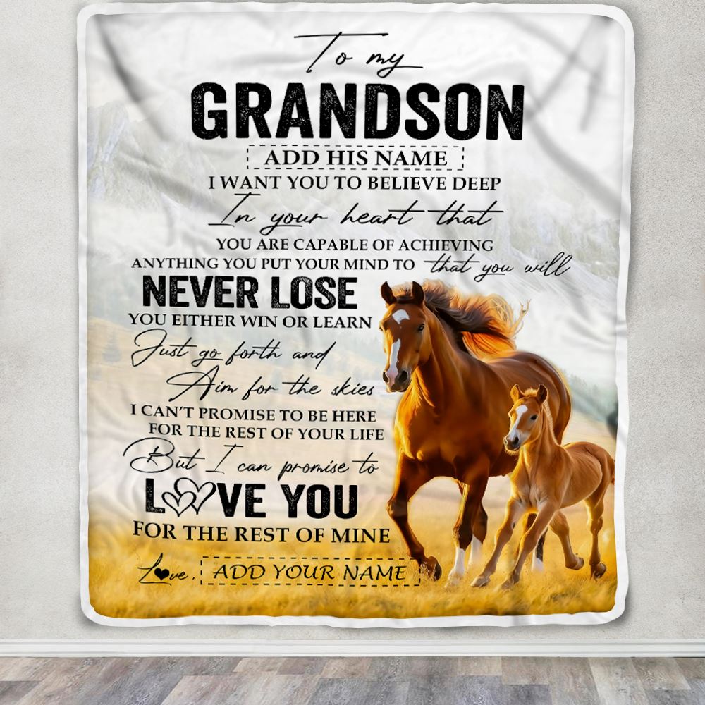 Personalized To My Grandson Blanket From Grandma Grandpa You Will Never Lose Horse Grandson Birthday Gifts Graduation Christmas Customized Fleece Throw Blanket | teecentury