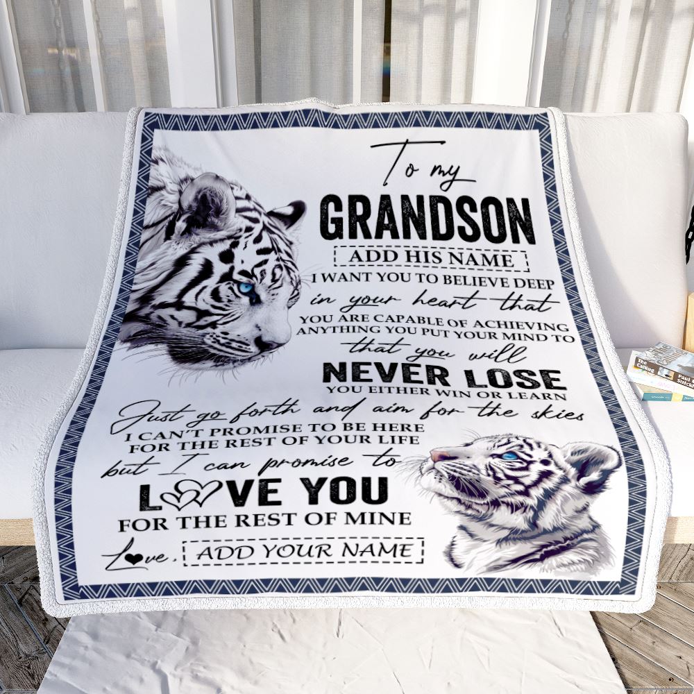 Personalized To My Grandson Blanket From Grandma Grandpa You Will Never Lose White Tiger Grandson Birthday Gifts Graduation Christmas Customized Fleece Blanket | teecentury