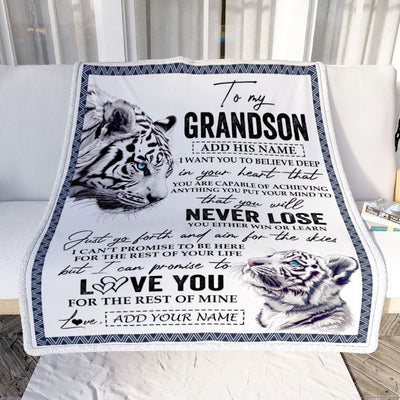 Personalized To My Grandson Blanket From Grandma Grandpa You Will Never Lose White Tiger Grandson Birthday Gifts Graduation Christmas Customized Fleece Blanket | teecentury