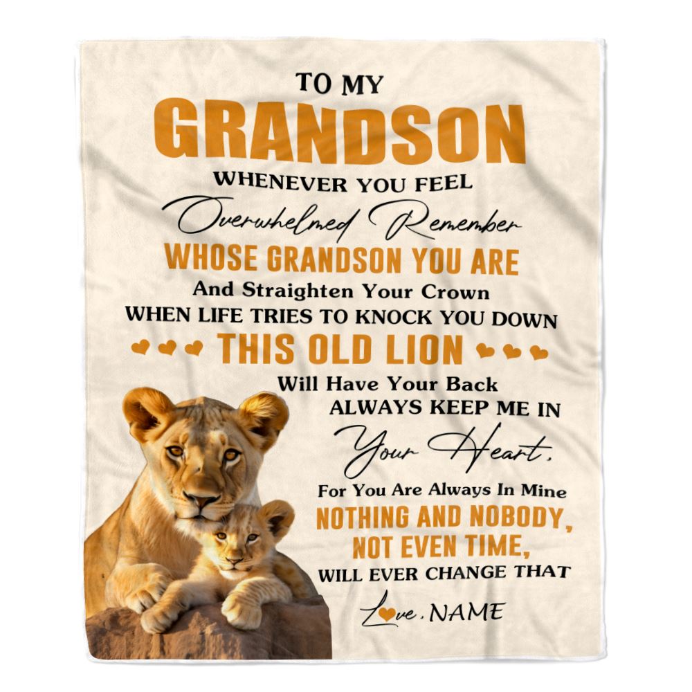 Personalized To My Grandson Blanket From Grandma Granny Whenever You Fell Overwhelmed Lion Grandson Birthday Gifts Christmas Customized Fleece Throw Blanket | teecentury