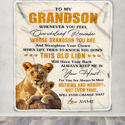 Personalized To My Grandson Blanket From Grandma Granny Whenever You Fell Overwhelmed Lion Grandson Birthday Gifts Christmas Customized Fleece Throw Blanket | teecentury