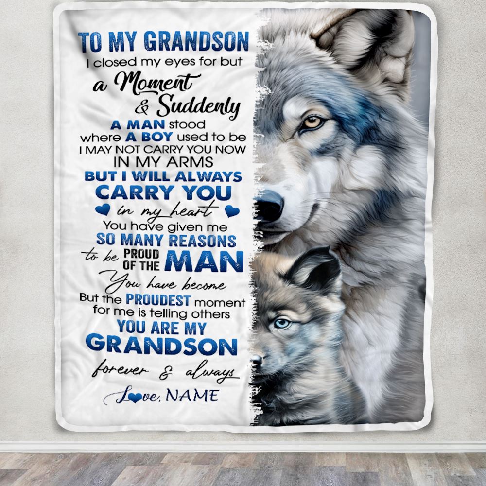 Personalized To My Grandson Blanket From Grandma I Close My Eyes For But A Moment Wolf Grandson Birthday Graduation Christmas Customized Gift Fleece Blanket | teecentury
