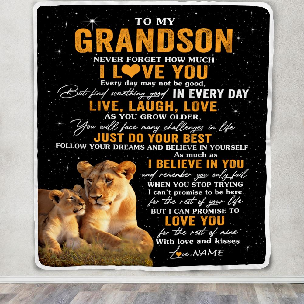 Personalized To My Grandson Blanket From Grandma Live Laugh Love Lion Grandson Birthday Gifts Positive Graduation Christmas Customized Fleece Blanket | teecentury