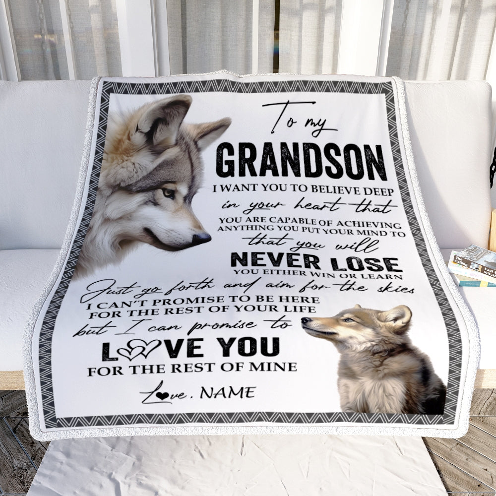 Personalized To My Grandson Blanket From Grandma Nana Papa You Will Never Lose Wolf Grandson Birthday Graduation Christmas Customized Bed Fleece Throw Blanket | teecentury
