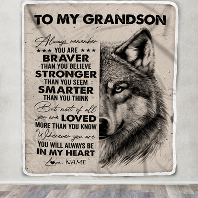 Personalized To My Grandson Blanket From Grandma Nana Wolf Braver Stronger Smarter Grandson Birthday Graduation Christmas Customized Bed Fleece Blanket | teecentury