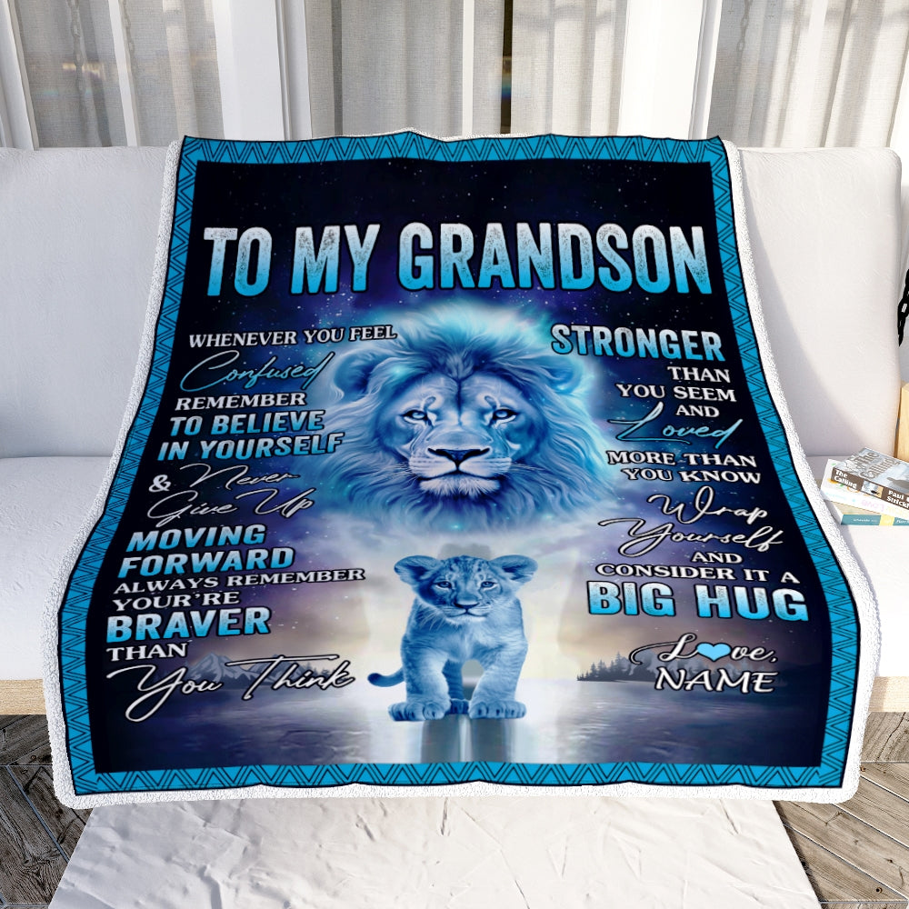 Personalized To My Grandson Blanket From Grandma Papa I Love You It A Big Hug Lion Grandson Birthday Christmas Customized Fleece Throw Blanket Blanket | Teecentury.com