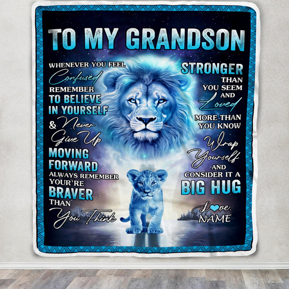 Personalized To My Grandson Blanket From Grandma Papa I Love You It A Big Hug Lion Grandson Birthday Christmas Customized Fleece Throw Blanket Blanket | Teecentury.com