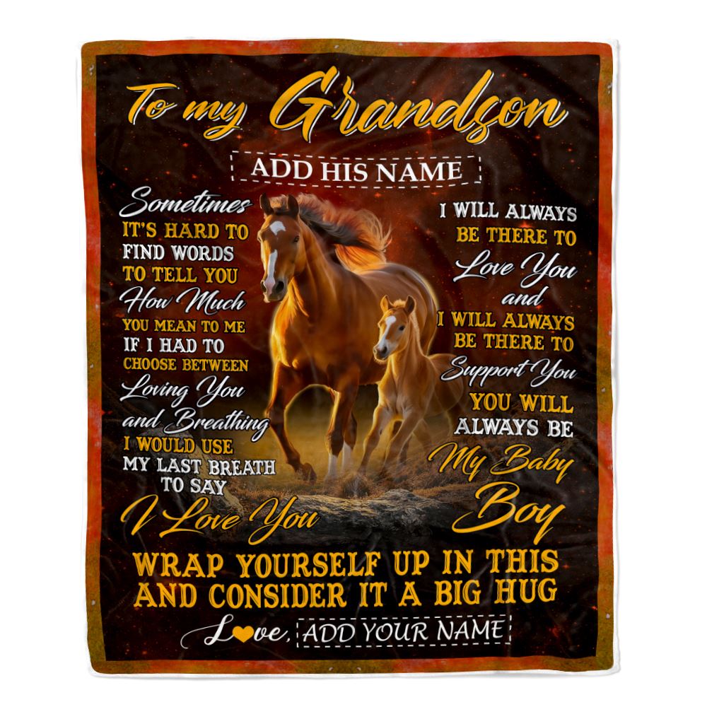 Personalized To My Grandson Blanket From Grandma Papa Sometimes It's Hard Horse Grandson Birthday Gifts Graduation Christmas Customized Fleece Throw Blanket | teecentury