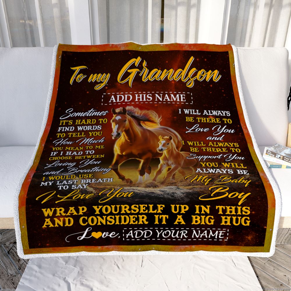 Personalized To My Grandson Blanket From Grandma Papa Sometimes It's Hard Horse Grandson Birthday Gifts Graduation Christmas Customized Fleece Throw Blanket | teecentury