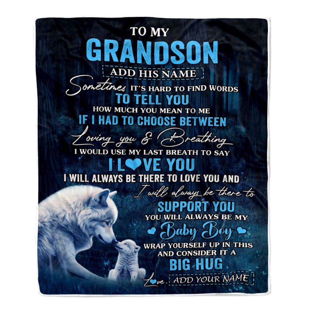Personalized To My Grandson Blanket From Grandma Papa Sometimes It's Hard Wolf Grandson Birthday Gifts Graduation Christmas Customized Fleece Throw Blanket | teecentury