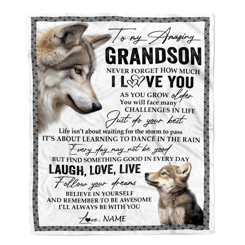 Personalized To My Grandson Blanket From Grandpa Grandma Just Do You Best Laugh Love Live Wolf Grandson Birthday Christmas Customized Bed Fleece Throw Blanket | teecentury