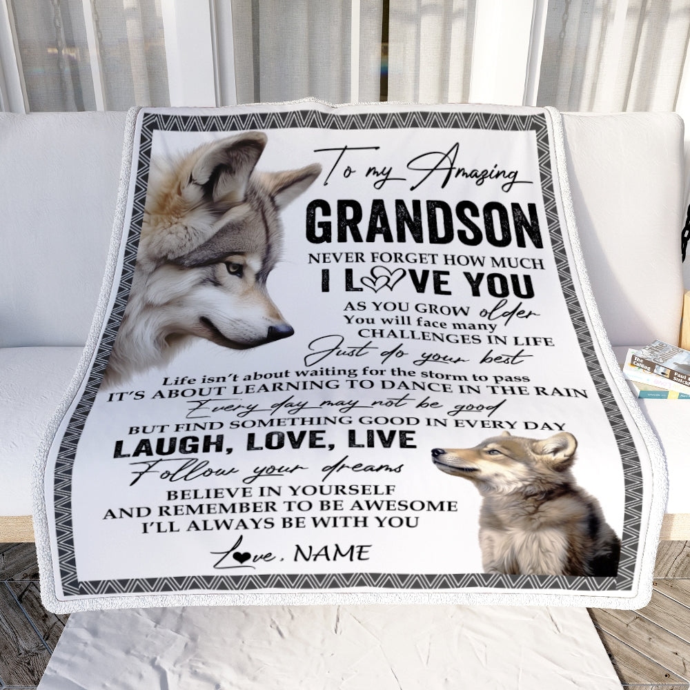 Personalized To My Grandson Blanket From Grandpa Grandma Just Do You Best Laugh Love Live Wolf Grandson Birthday Christmas Customized Bed Fleece Throw Blanket | teecentury