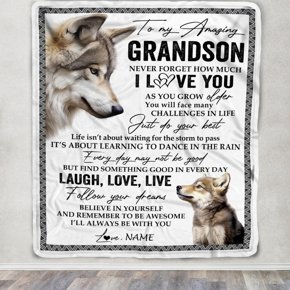 Personalized To My Grandson Blanket From Grandpa Grandma Just Do You Best Laugh Love Live Wolf Grandson Birthday Christmas Customized Bed Fleece Throw Blanket | teecentury