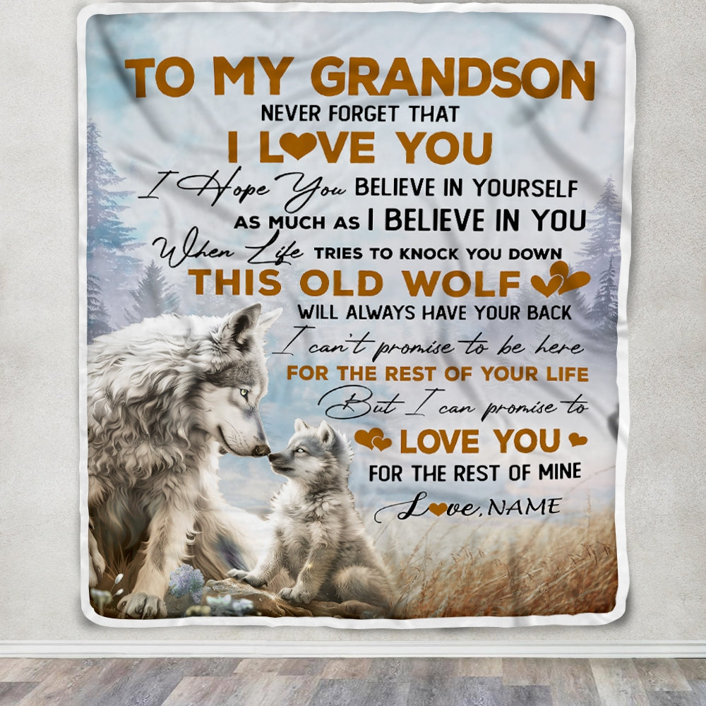 Personalized To My Grandson Blanket From Grandpa Grandma Never Forget That I Love You Wolf Grandson Birthday Christmas Customized Bed Fleece Throw Blanket | teecentury