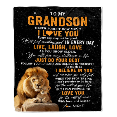 Personalized To My Grandson Blanket From Grandpa Live Laugh Love Lion Grandson Birthday Gifts Positive Graduation Christmas Customized Fleece Throw Blanket | teecentury