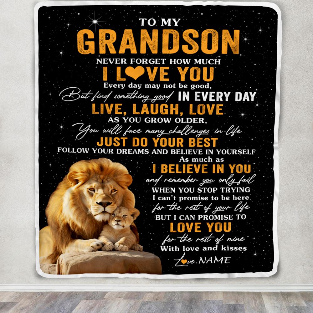 Personalized To My Grandson Blanket From Grandpa Live Laugh Love Lion Grandson Birthday Gifts Positive Graduation Christmas Customized Fleece Throw Blanket | teecentury
