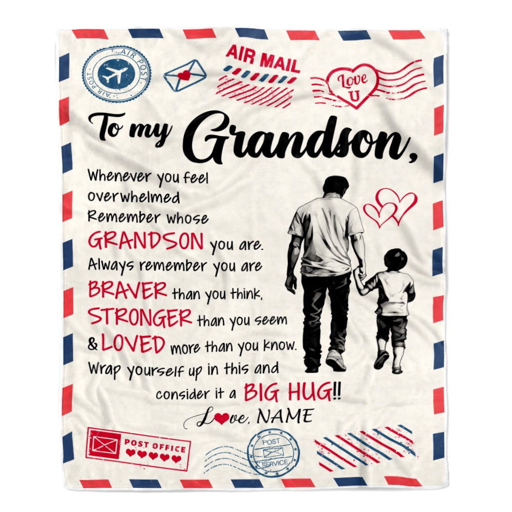 Personalized To My Grandson Blanket From Papa Grandpa Braver Stronger Loved Airmail Grandson Birthday Graduation Christmas Customized Fleece Throw Blanket | teecentury
