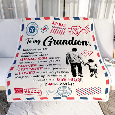 Personalized To My Grandson Blanket From Papa Grandpa Braver Stronger Loved Airmail Grandson Birthday Graduation Christmas Customized Fleece Throw Blanket | teecentury