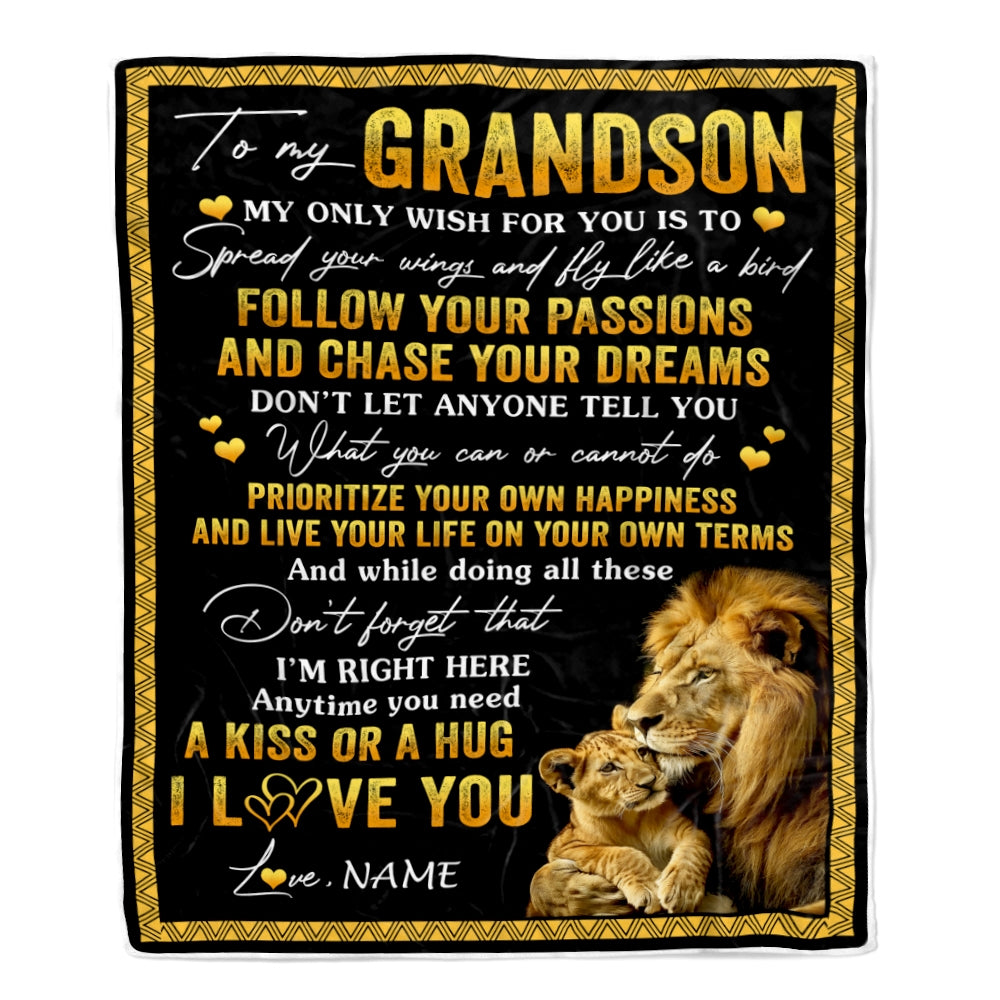 Personalized To My Grandson Blanket From Papa Grandpa Lion My Only Wish For You Grandson Birthday Graduation Christmas Customized Bed Fleece Throw Blanket | teecentury